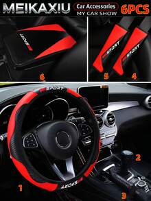 MEIKAXIU 3PCS/4PCS/5PCS/6PCS Carbon Fiber PU Leather SPORT Car Steering Wheel Cover Without Inner Ring, Suitable For 14.5-15 Inch, Shoulder Cover, Armrest Pad, Gear Shift Cover, Handbrake Cover, Car Decoration Accessories Set For Women - Carbon Fiber Sport - View 16