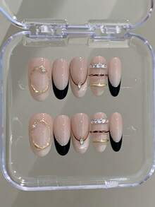 Conjunto de 10 adesivos de unhas elegantes, feitos à mão, em preto fosco, com detalhes dourados e strass. Ideais para mulheres e meninas, perfeitos para usar na primavera, verão, outono, inverno, festas e no dia a dia. - Preto - Ver 2