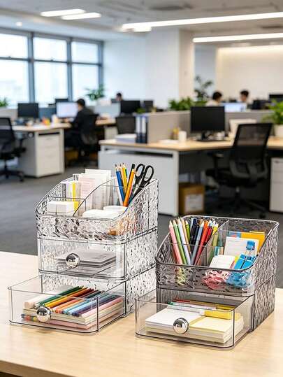 Hộp đựng đồ dùng học tập/làm việc xếp chồng được, trong suốt, họa tiết băng đá, hộp đựng bút chì, văn phòng phẩm dạng ngăn kéo, cực kỳ tiện lợi để lấy văn phòng phẩm! Thiết kế nhiều ngăn + ngăn kéo, phân loại bút chì, bút màu, tẩy, giấy ghi chú và các văn phòng phẩm khác để tạm biệt sự bừa bộn trên bàn làm việc. Có sẵn màu trong suốt/xám, dễ dàng tạo ra một môi trường học tập/làm việc gọn gàng và ngăn nắp, tối đa hóa cả tính thẩm mỹ và tính thực tiễn!