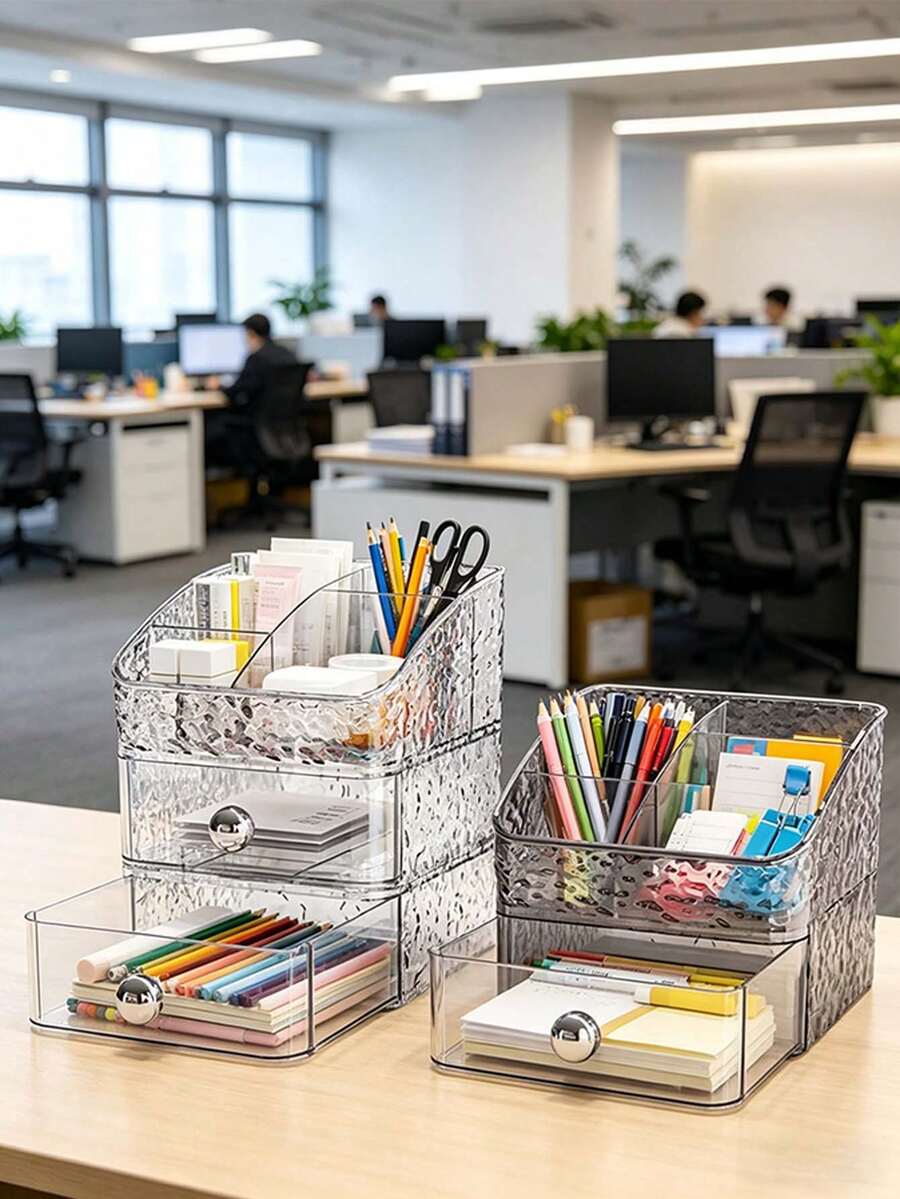 1pc/3pcs Stackable Transparent Ice-Pattern Storage Box, Student Desk Stationery Pencil Holder, Drawer-Style Office Cosmetic Organizer, Super Convenient For Accessing Stationery! Multi-Compartment + Drawer Design, Categorizing Pencils, Colored Pens, Erasers, Sticky Notes, And Other Stationery To Say Goodbye To Desktop Clutter. Available In Transparent/Gray Dual Colors, Effortlessly Creating A Tidy And Organized Study/Workspace Environment, Maximizing Both Aesthetic Appeal And Practicality! - Multicolor - View 1