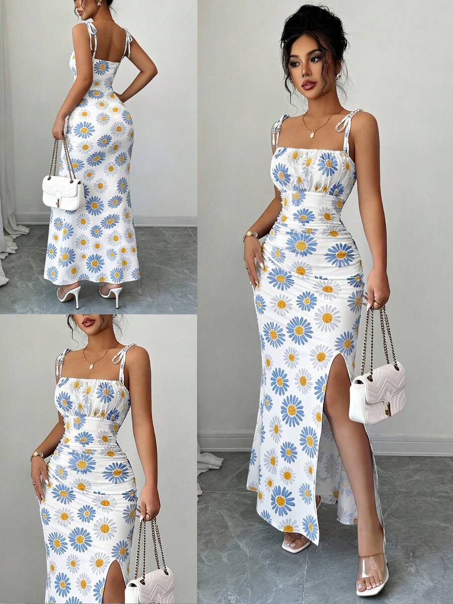 Women's Floral Print Ruched High Slit Tie Front Cami Dress Elegant - Multicolor - View 1