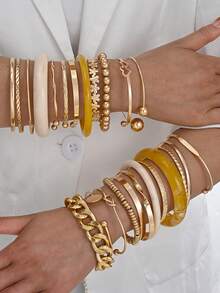 15/4pcs Fashionable Elegant Minimalist Floral, Star, Heart, Knot Bracelet Set For Women, Suitable For Vacation, Party, Date, Travel, Photo Shoot, Banquet, Daily Matching, New Versatile Combination - Yellow Gold - View 2