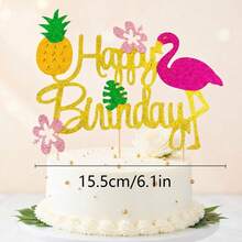 1 pieza Decoración brillante de flamenco y piña para pastel de cumpleaños, decoración de fiesta tropical, accesorio de pastel con tema de verano brillante, suministros de fiesta hawaiana - Nuevo Flamingo HB - Ver 11