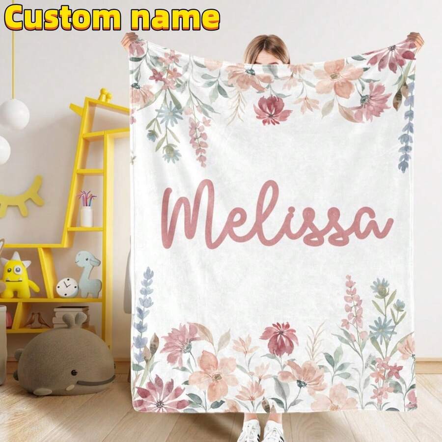 1pc Customized Floral Blanket, Personalized Name Blanket, Personalized Blanket With Flower Pattern, Birthday Gift, Housewarming Gift. Decorative, Cute, Colorful, Unique And Adorable Customized Home Decor, Ideal Gift For Him/Her, Family, Friends, Pet Lovers, Suitable For Anniversary, Birthday - Multicolor - View 1