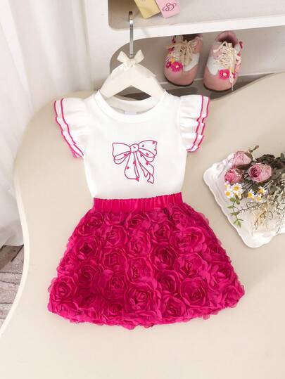 2 st. Elegant set för babyflickor med rosett och hjärtmönster, rund hals, utsvängda ärmar + enfärgad 3D-blommig meshkjol, sommar