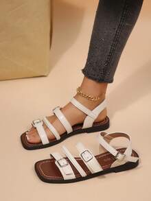 Nya retro romerska sandaler med fyrkantig tå för kvinnor, justerbara med flera remmar, mångsidiga för pendling, semester och fritidskläder - Vitt - Visa 5
