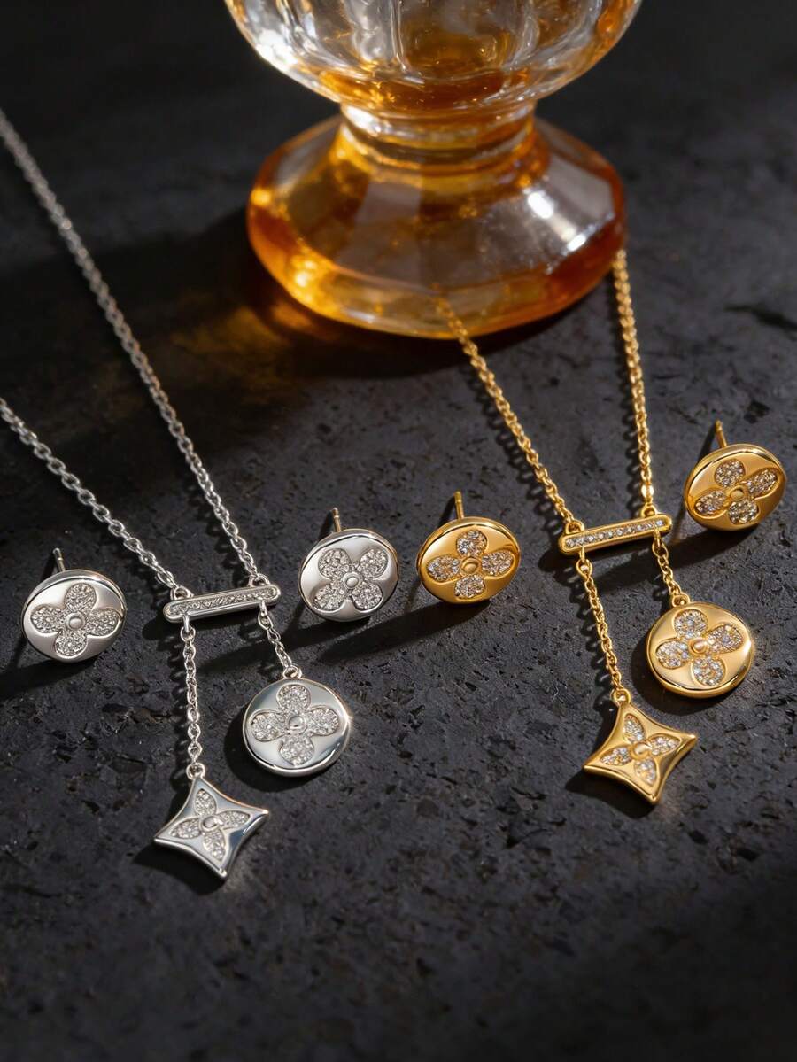 Bộ dây chuyền và bông tai hình cỏ bốn lá sang trọng kiểu Pháp, đính kim cương toàn bộ, thiết kế độc đáo, trang sức đa năng tiện dụng, phong cách thanh lịch dành cho quý cô, món quà ý nghĩa cho bạn gái, bạn thân, ngày Valentine, sinh nhật. - Phong cách cổ điển - Xem 1