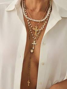 4件套14K镀金多层串珠十字架和圣母玛利亚项链，适合度假、祈祷、洗礼佩戴 - 金黃色 - 查看 2