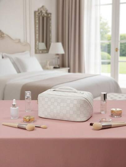 1个装，优质PU皮革化妆包，带棋盘格图案枕形袋，大容量洗漱包，多功能防水收纳袋，行李整理袋，大容量旅行化妆包，大容量可扩展旅行收纳袋