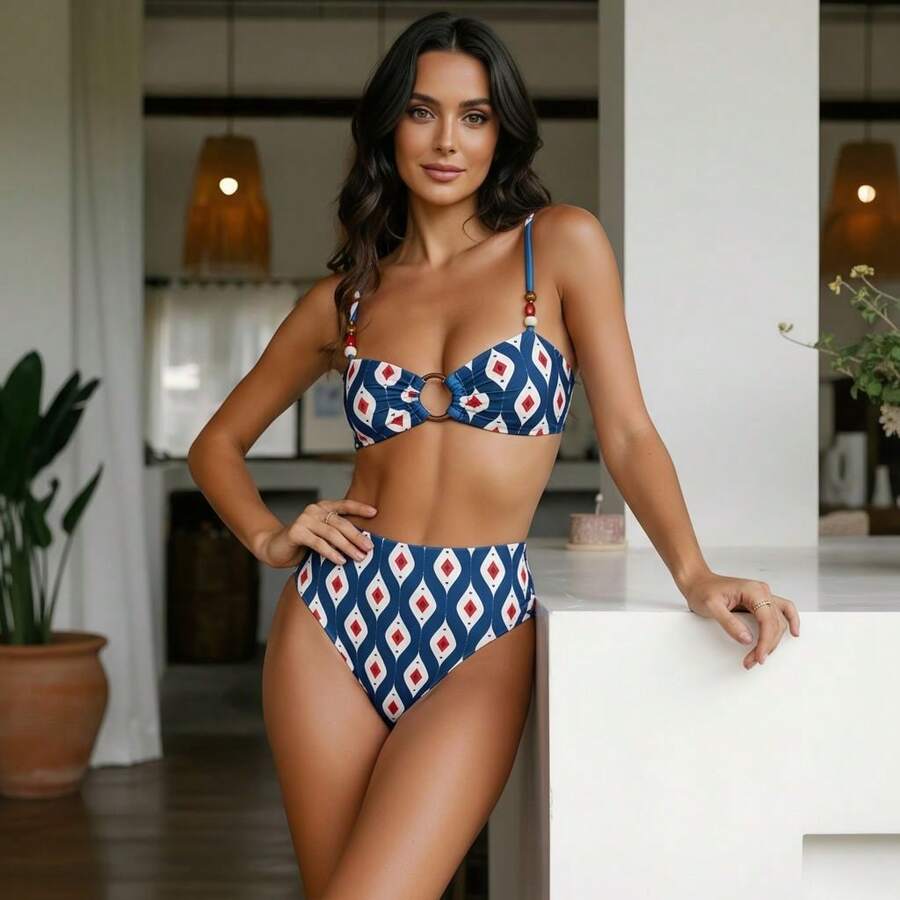 Bộ 2 chiếc bikini cạp cao họa tiết hình thoi, kiểu dáng gợi cảm với vòng xoắn, thích hợp cho kỳ nghỉ biển, du lịch mùa hè. - Màu xanh hải quân - Xem 1