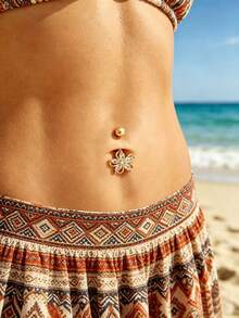 1pc Women's Rhinestone Five-Petal Flower Navel Ring, Sexy & Sweet Body Jewelry, Piercing Jewelry - Multicolor 2 - View 3