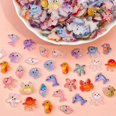 30/60/100pcs Mini Colorful Ocean Theme, Small Fish, Seahorse, Seashell Nail Art Decorations, Resin Accessories Jewelry Scrapbooking, Valentine's Day Holiday Party Decor, Easy To Create Unique Fashionable Handmade Craft Supplies - Random Mix