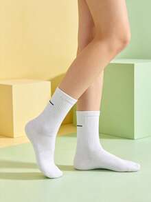 1 đôi/5 đôi tất cotton trơn màu, dài đến bắp chân, thích hợp cho nữ, thoáng khí, mềm mại, thoải mái, màu đen trắng, phù hợp để mặc hàng ngày, ở nhà, văn phòng, trường học, thể thao. - trắng - Xem 2