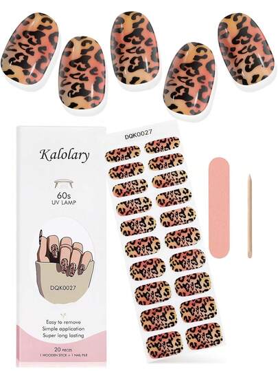20pcs Leopard Print Full Cover Nail Stickers, Waterproof Nail Art Decals For Salon And DIY Home Manicure