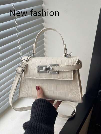 Túi xách mini màu ngà voi dập vân cá sấu thanh lịch, mẫu túi xách tay thời trang mới năm 2026 với phụ kiện kim loại bạc sáng bóng, túi đeo chéo đa năng dành cho nữ, hoàn hảo cho hẹn hò và mua sắm hàng ngày.