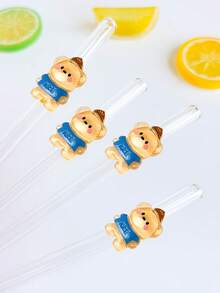 1/2/4Pcs Reusable Cartoon Glass Straws With Bears Stuff, Clear And Glass Bent Glass Drinking Straw Cutlery Set,For Kitchen Accessories,Straw Topper,Cold Drinks,Milk Tea,Coffee,Juice,Home,Restaurants,Holiday Supplies,Summer,Graduation Season,. - Style 4 - View 5