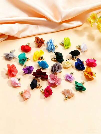 Bộ 10 chiếc/gói tự làm thủ công mặt dây chuyền hoa nhỏ, móc khóa hoa trang trí tua rua, vật liệu làm đồ thủ công bằng vải hình bông tai.