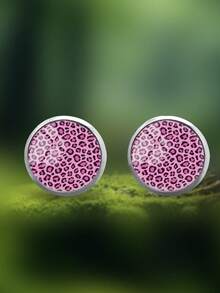 1 Pair Stainless Steel Round Stud Earrings With Pink Leopard Print Pattern, Sexy Minimalist Style Suitable For Women's Daily Wear And Gifts, Elegant Minimalist Jewelry Earrings Suitable For Women's Daily And Holiday Wear - Hot Pink - View 2