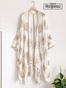 一件优雅海洋生物刺绣分叉披肩，女士春夏沙滩罩衫，轻盈防晒开衫，百搭奢华配饰，理想的日常穿搭和礼物 - 白色 - 查看 1