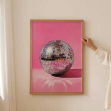 Decoración de pared plana 2D, 2D plano, 1 pieza, un póster retro con arte de discoteca rosa, un lindo lienzo con bola de espejo vintage, una decoración estética de pared distinta e imaginativa, ideal para mejorar el ambiente de un dormitorio o sala de estar - Sin marco - Ver 1