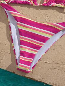 Onefish Bộ bikini tam giác kẻ sọc hồng, buộc dây cổ, lưng điều chỉnh được, cúp ngực tam giác có đệm rời, chất liệu mềm mại co giãn, họa tiết kẻ sọc ombre, hồng vàng trắng, bộ đồ bơi hai mảnh phối màu rực rỡ mùa hè. - Hồng - Xem 8
