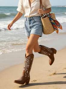 Cowboy Womens Mid Calf Boots Vintage Embroidered Western Cowgirl Boots Pointed Toe Chunky Heel Diamonds Boots Comfort Party Western Riding Boots - Brown - View 5