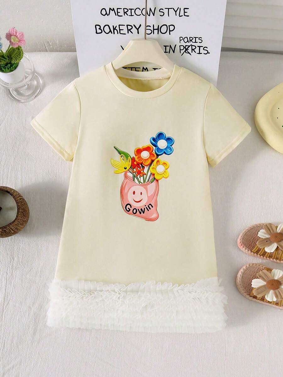 1 chiếc đầm ngắn tay cổ tròn in hoa màu vàng cho bé gái 2-7 tuổi, đầm hè ngắn tay kiểu dáng thường ngày, thích hợp mặc ngoài trời. - Màu vàng - Xem 1