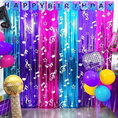 1 Paquete/2 Paquetes Decoraciones de fiesta de cumpleaños K-Pop, Accesorios de cabina fotográfica con tema de fiesta de música, Cintas con estampado de notas musicales y flecos, Suministros de fiesta con tema de cazador, Decoraciones de cumpleaños