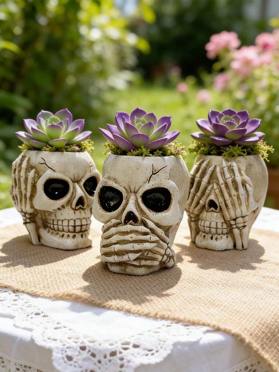 1PC Skull Resin Succulent Planter Set - Gothic "See No Evil, Hear No Evil, Speak No Evil" Design, Ideal For Succulents, Cacti & Small Plants. Perfect For Halloween Decor, Garden Shelves, Gothic Home Accents & Spooky-Themed Spaces.Planters,Flower Pot,Plant Pots ,Spring Decor,Home Decor,Vase - A - View 1
