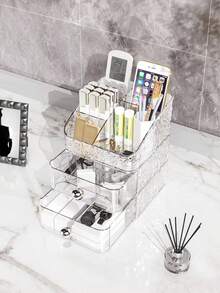 1pc/3pcs Stackable Transparent Ice-Pattern Storage Box, Student Desk Stationery Pencil Holder, Drawer-Style Office Cosmetic Organizer, Super Convenient For Accessing Stationery! Multi-Compartment + Drawer Design, Categorizing Pencils, Colored Pens, Erasers, Sticky Notes, And Other Stationery To Say Goodbye To Desktop Clutter. Available In Transparent/Gray Dual Colors, Effortlessly Creating A Tidy And Organized Study/Workspace Environment, Maximizing Both Aesthetic Appeal And Practicality! - Multicolor - View 4