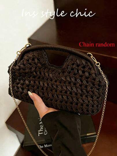This Solid Black Woven Hollow Out Shoulder/Crossbody Bag Features A Buckle Design, Lightweight And Portable, Fashionable And Vintage, Multi-Purpose, Very Suitable For Beach Travel Or Shopping.
