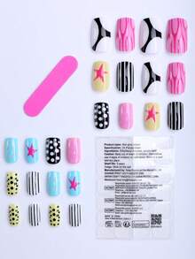 24 piezas de arte de uñas, borde francés rosa claro, lunares azules, flores rosas grandes con cuentas de acero 3D, estilo millennial, desmontable, adecuado para el verano, uso diario de niñas, versátil, regalo, viene con herramientas. Uñas - Multicolor - Ver 3