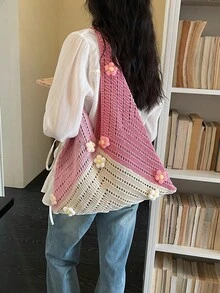 1件装撞色鱼形设计大容量单肩手提包，时尚钩编包，波西米亚风沙滩度假日常女包 - 粉色 - 查看 6