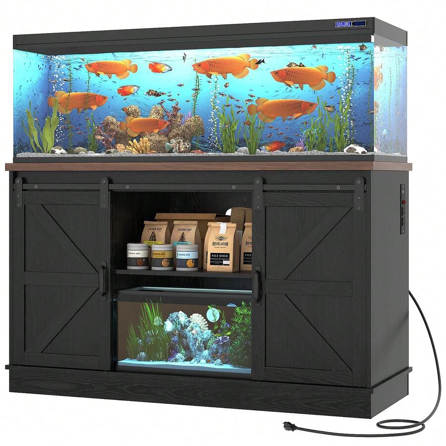 Farmhouse 75-120 Gallon Fish Tank Stand With Power Outlet, Aquarium Stand W/Cabinet&Sliding Barn Door, Heavy Duty Reptile Tank Stand For Fish/Turtle/Reptile Terrarium, 1000LB Capacity - 黑色 - 查看 1