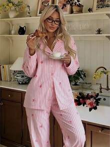 Nina Bonheur 2pcs Women Loose Comfortable Breathable Long Sleeve Top And Long Pants Pajama Set - Pink - View 2
