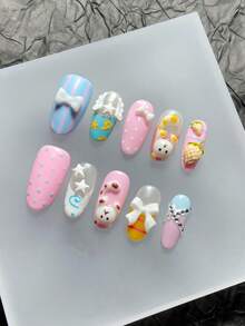 1 Set Handmade Embossed Nail Stickers - Featuring Cute Minimalist Design. These Oval Short Nail Stickers Have 3D Nail Art Design, Including Adorable 3D Sculptural Elements Like Cats And Strawberries. Each Cartoon-Style Artificial Nail Sticker Is Meticulously Handcrafted, Presenting A Sweet And Charming Aesthetic. Nails - Multicolor - View 3