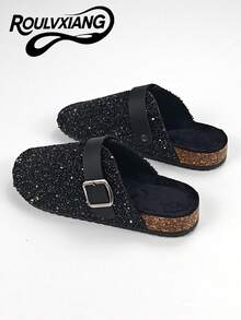 roulvxiang Dép lê đính sequin đen mới về, dép đi biển, dép lê lông xù, giày bệt nữ thường ngày. - màu đen - Xem 3