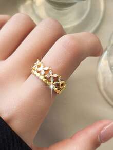 jealous young 1pc Exquisite Shining Cubic Zirconia Four-Leaf Clover Design Copper Gold Plated Women's Ring, Suitable For Festivals, Parties, Daily Wear, Durable And Stylish Accessory All Season - Yellow Gold - View 2