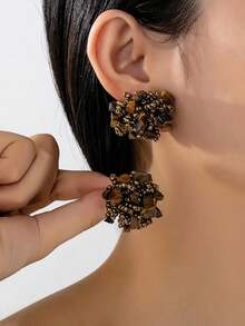 1 Pair Handmade Turquoise Beaded Earrings, Each Piece Unique, Elegant Earrings Suitable As Gifts For Friends - 棕色 - 查看 9