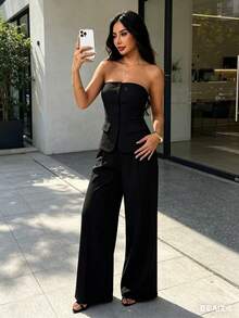 Strapless Bustier Set With Wide Leg Pants - Elegant Style For Women - màu đen - Xem 6