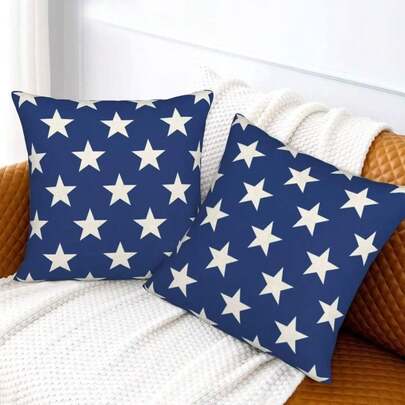 2PCS July 4th Pillowcase, Memorial Day Independence Day Blue Star Pillowcase, American Patriotic Outdoor Cushion Cover, Decorative Sofa Pillowcase, Single-Sided Without Pillow Insert