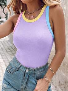 ChicMe Áo tank top nữ có gọng tích hợp, viền tương phản, chất liệu dệt kim gân, không tay, cổ tròn, dáng ôm, phong cách thường ngày, đường phố. - Màu tím hoa cà - Xem 2