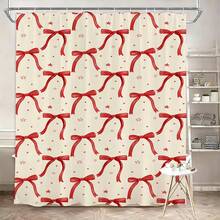 1/4pcs Red Ribbon Bow Pattern Bathroom 4-Piece Set, Including Shower Curtain, Bath Mat, Toilet Lid Cover, And U-Shaped Mat - A - View 17