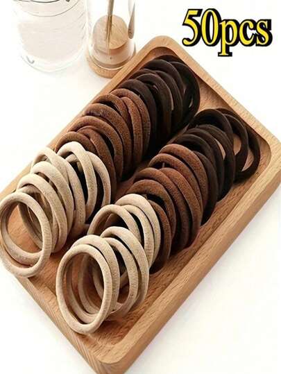 100条/50条套装 女士混色咖啡色高弹力发圈，简约时尚百搭发绳，适合浓密、卷曲和粗硬发质；柔软防滑；适合女性和女孩日常佩戴、运动、健身和旅行；节日送礼佳品，日常必备弹力发带