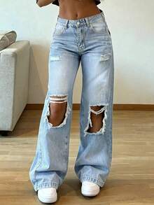 Quần jeans nữ ống đứng dáng rộng, phong cách retro thường ngày. - Rửa trung bình - Xem 3