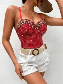 Áo croptop hở lưng đính đá, kim cương và ngọc trai gợi cảm, áo vest ôm sát tôn dáng cao cấp đa năng dành cho nữ. - Đỏ - Xem 2