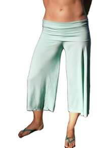 Fold Over Wide Leg Capri Pants For Women Low Rise Lounge Yoga Flare Culottes Y2k Flowy Crop Palazzo Pants Beach - 淺藍色 - 查看 3