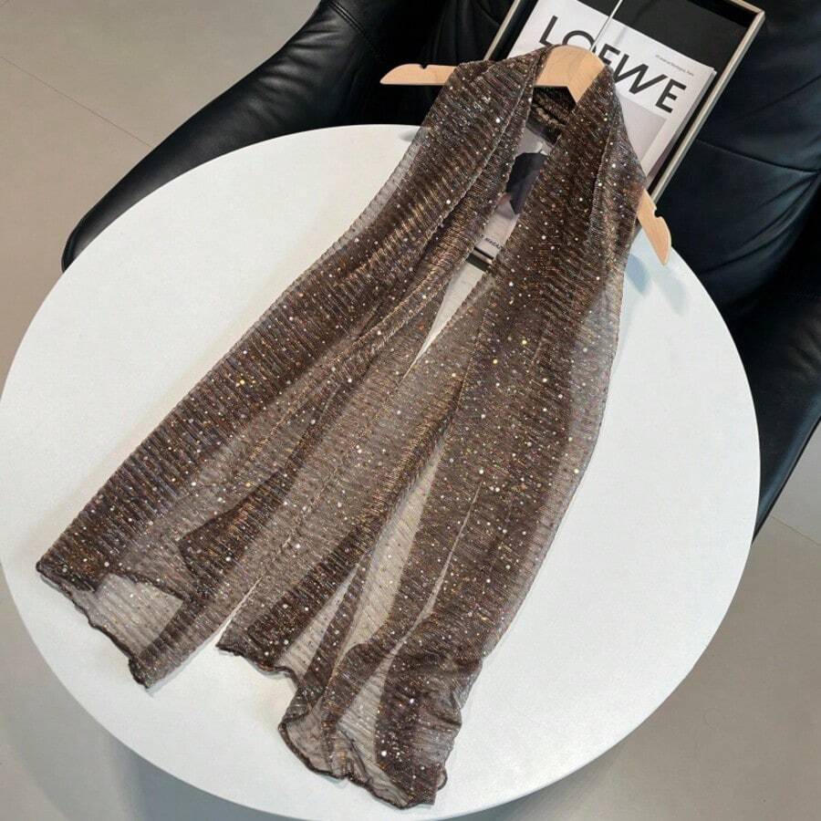 1pc Women's Lightweight Solid Color Sequin Bandana Scarf, Headscarf, Middle Eastern Hijab, Decorative Shawl, Sun Protection Beach Wrap, Suitable For Daily Use - Coffee Brown - View 1