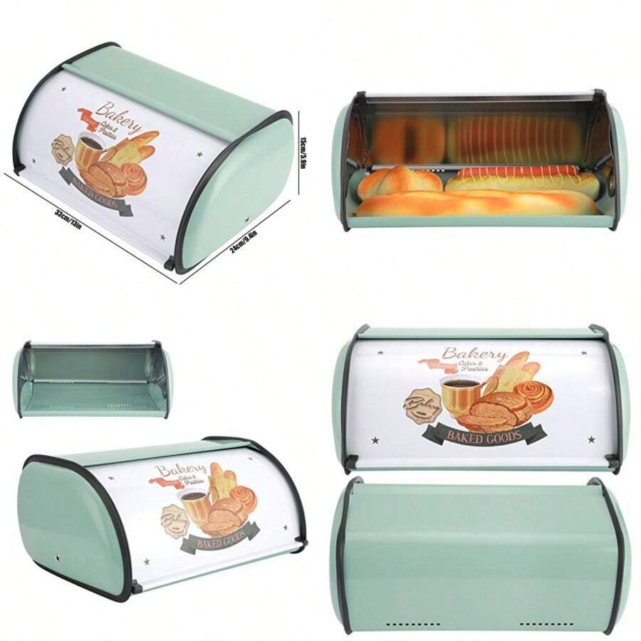 Caja De Pan Cajas De Pan Con Tapa Enrollable Para Mostrador De Cocina Contenedor De Almacenamiento De Alimentos Retro Contenedor De Pan De Metal Soporte Para Pan De 13x9 4x5 9 Pulgadas Verde - Verde - Ver 1