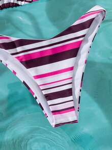 Onefish Pink & Burgundy Striped Triangle Bikini Set, Tie Neck, Adjustable Back, Sliding Triangle Cups, Removable Padding, Soft Stretchy Fabric, Multicolor Striped Pattern, Pink, Burgundy & White Contrast Colors, 2-Piece Swimwear Vacation Beach Summer - Purple - View 7
